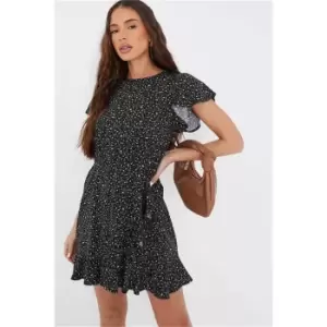 Image of I Saw It First Black Woven Paisley Print Frill Tea Dress - Black