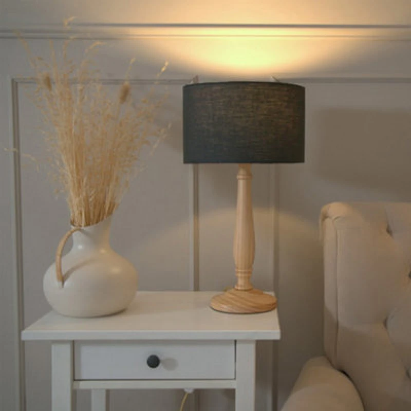 Image of ValueLights Victoria Light Wood Traditional Table Lamp with Fabric Drum Shade and LED Bulb Charcoal