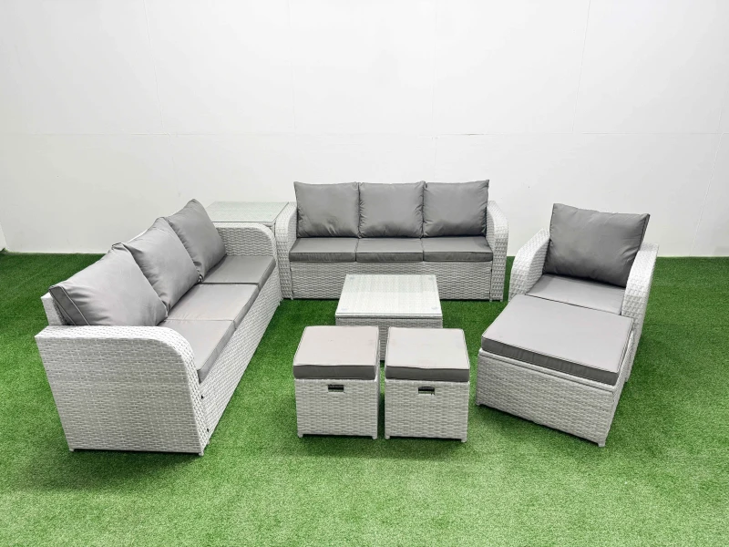 Image of Fimous 10 Seater Poly Rattan Outdoor Garden Furniture Square Coffee Table Sofa Set Patio 3 Seater Sofa Reclining Chair 3 Seater Sofa 3 Stools Side Tab
