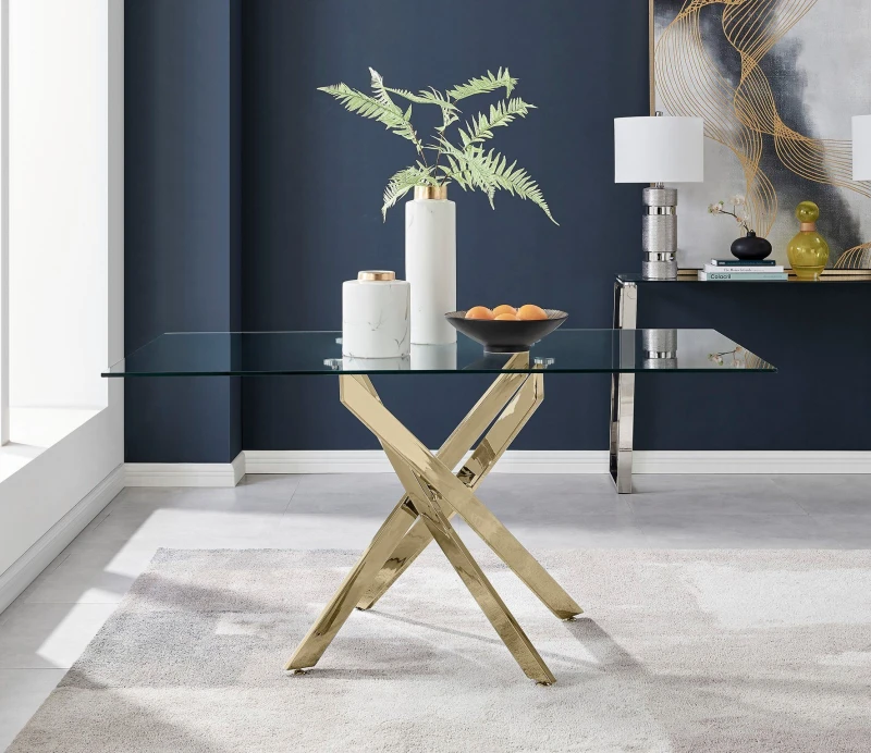 Image of FurnitureboxUK FurnitureboxUK Leonardo 150cm 6-Seater Glass And Chrome Metal Starburst Dining Table in Gold Gold One Size Unisex 5056542634185