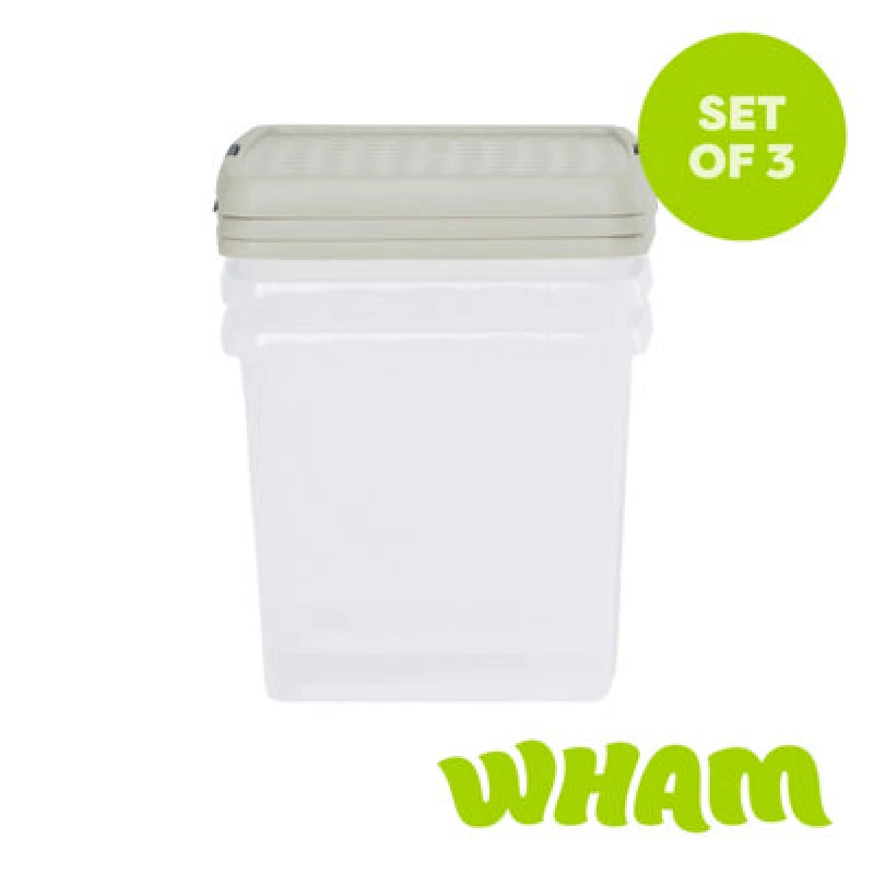 Image of Wham Clip 3X 14L Square Plastic Storage Boxes With Clip Lock Lids. Ideal For Home, Office, Toys & More - Clear/stone