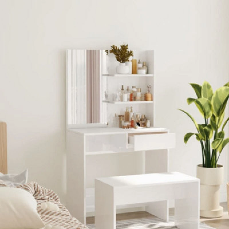 Image of Vidaxl Dressing Table With Mirror High Gloss White 74.5X40X141 Cm, White 802810