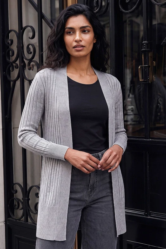 Image of Roman Longline Stretch Ribbed Cardigan Light Grey