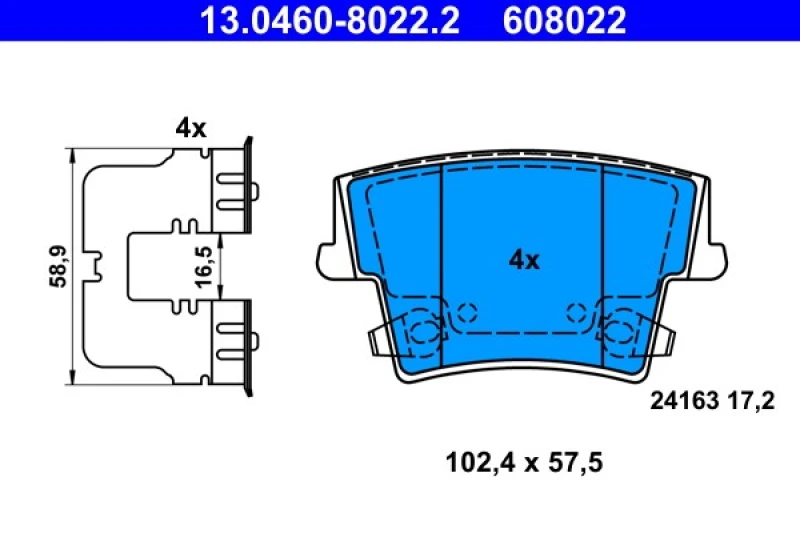 Image of ATE 13.0460-8022.2 Brake pad set with acoustic wear warning, with accessories Brake Pad Set,disc brake (402)
