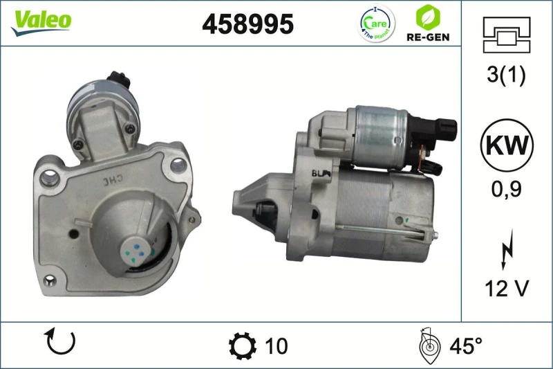 Image of VALEO 458995 Starter motor VALEO RE-GEN REMANUFACTURED 0,9kW, 12V, Number of Teeth: 10 Starter (2)