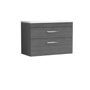 image of Nuie Athena 800 Wall Hung 2-drawer Vanity & Sparkling White Worktop - Grey Woodgrain