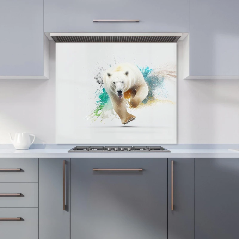 Image of Warren Reed - Designer Charging Polar Bear Kitchen Splashback in White Size: 600mm x 750mm White Unisex 600mm x 750mm