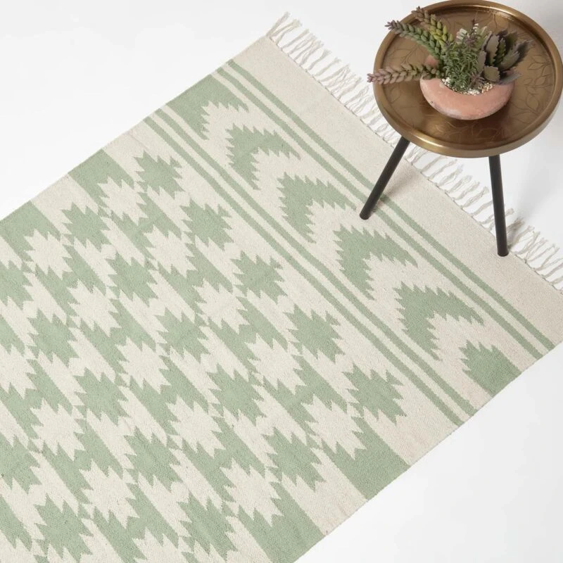 Image of Homescapes Turin Green & Natural Kilim Cotton Rug Green