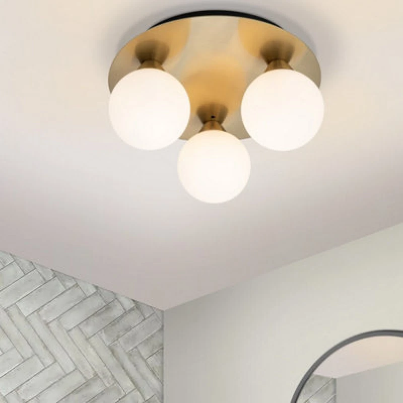 Image of Cosylyte Bowen Bathroom 3 Light Classic Opal Glass Ceiling Light - Brushed Brass