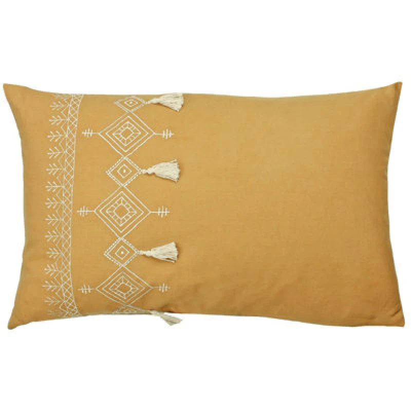 Image of Furn Pritta Cotton Embroidered Tasselled Cushion Mustard