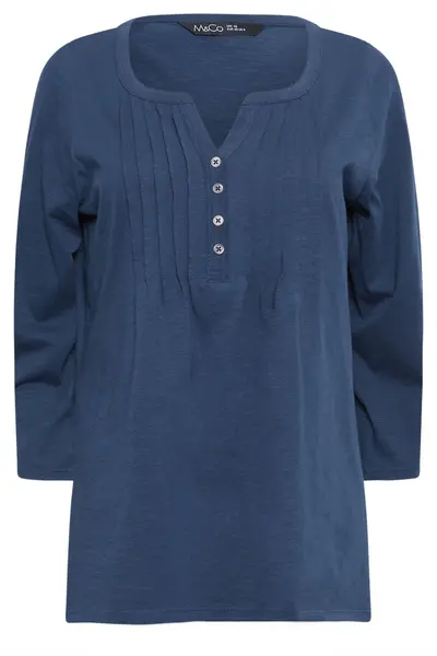 image of M&Co Henley Pleated Top Mid Navy