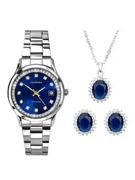 image of Sekonda Womens Catherine Silver Stainless Steel Bracelet With Blue Dial Analogue Watch And Matching Pendant And Earrings Stone Set Gift Set