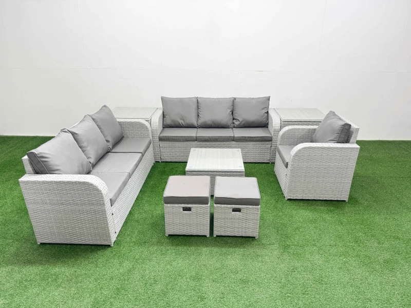 Image of Fimous 9 Seater Poly Rattan Outdoor Garden Furniture Square Coffee Table Sofa Set Patio 3 Seater Sofa Reclining Chair 3 Seater Sofa Stools 2 Side Tabl