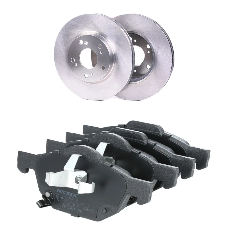 Image of RIDEX 3405B2751 Brake disc and pads set Front Axle, Brake Disc Type: internally vented, incl. wear warning contact Brake Set,disc brakes (3405)