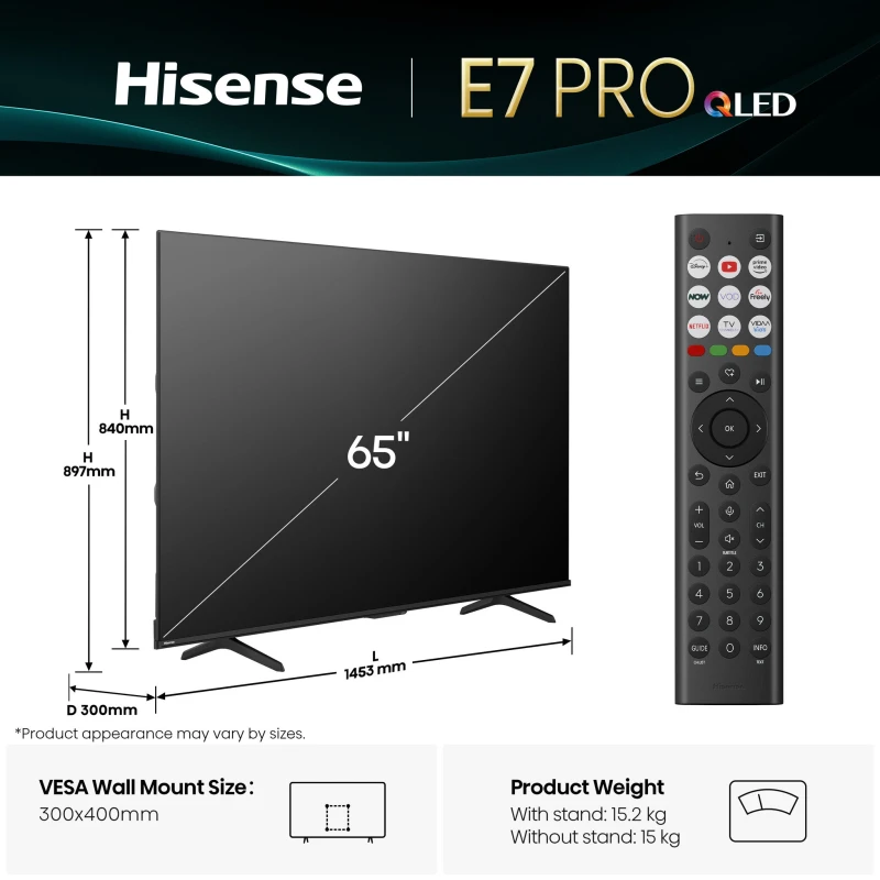 Image of Hisense 65" 65E7QTUK PRO Smart 4K Ultra HD QLED TV