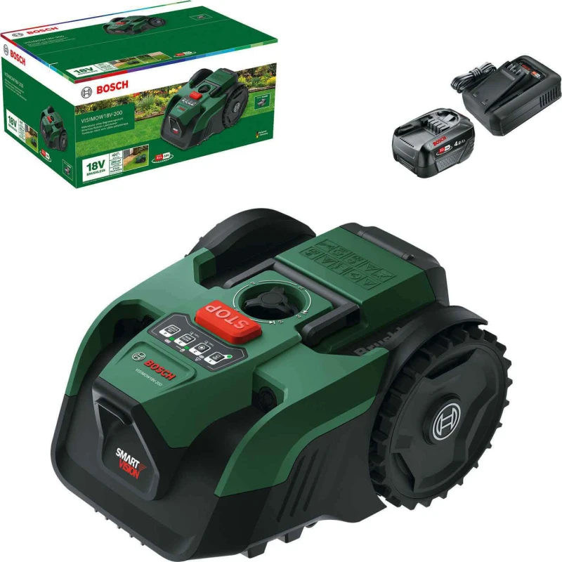 Image of Bosch VISIMOW 18V-200 P4A 18v Cordless Camera Robotic Lawnmower 175mm 1 x 4ah Li-ion Battery Charger VISIMOW 18V-200