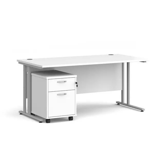 image of Maestro 25 Straight Desk with Silver Cantilever Frame and 2 Drawer Pedestal - White - 1600mm x 800mm