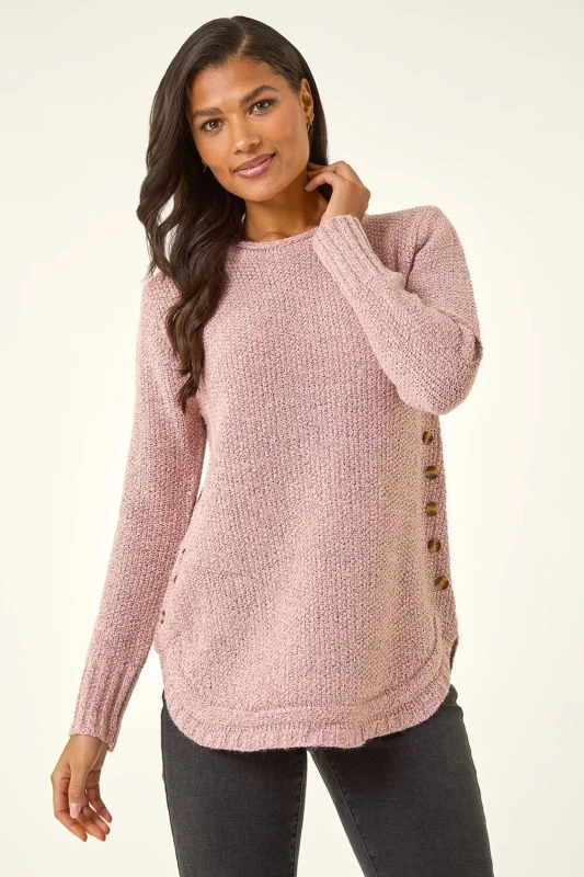 Image of Roman Button Detail Curved Hem Jumper Light Pink