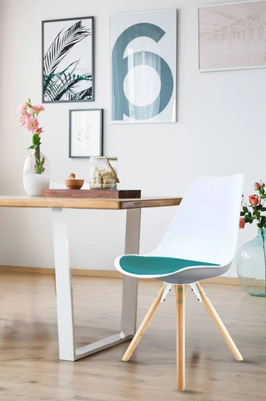 Image of Fusion Living Soho Plastic Dining Chair With Pyramid Light Wood Legs White & Teal, Green FL2365