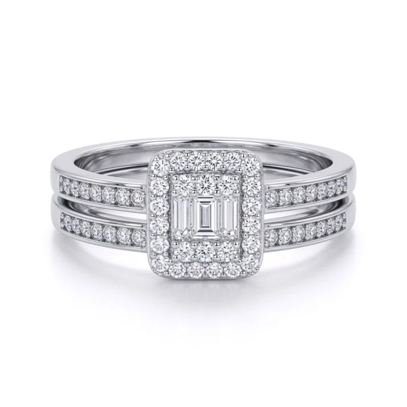Image of Jewelco London Silver Baguette CZ Square Solitaire-style Bridal Set Rings - ARN153 Silver