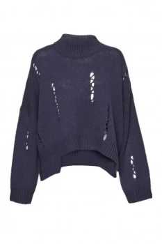 image of French Connection Nixo Knit Distressed High Neck Jumper Blue