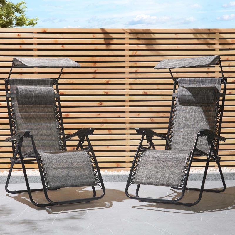 Image of Vonhaus Zero Gravity Chairs Set Of 2, Grey Reclining Sun Loungers For Garden, Textilene Folding Garden Chairs, Adjustable Canopy