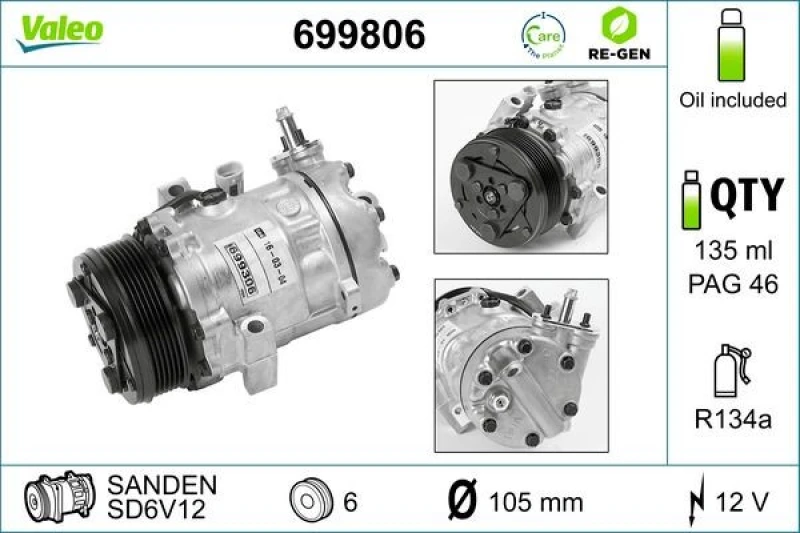 Image of VALEO 699806 AC Compressor PAG 46, Refrigerant: R134a, with PAG compressor oil Compressor,air conditioning (447)