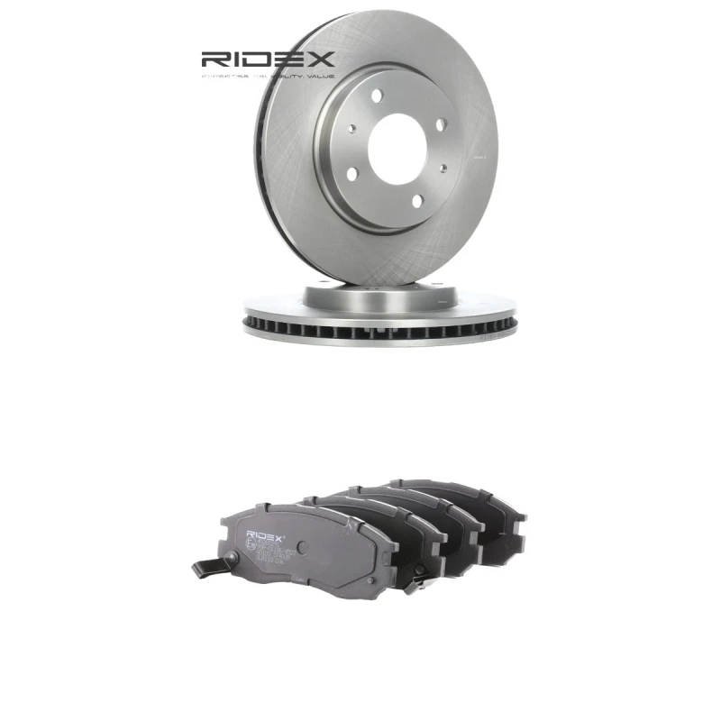 Image of RIDEX 3405B2661 Brake disc and pads set Front Axle, Brake Disc Type: internally vented, with acoustic wear warning Brake Set,disc brakes (3405)