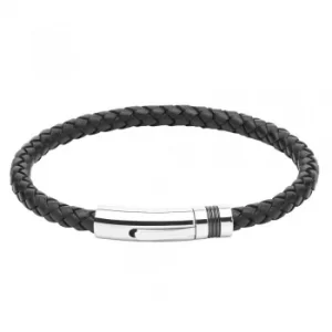 image of Unique Mens Black Leather and Stainless Steel Braided Bracelet...