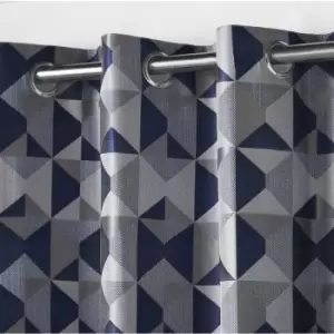 Image of Skandi Eyelet Ring Top Curtains Fully Lined Weave Jacquard Navy 66x72 - Navy