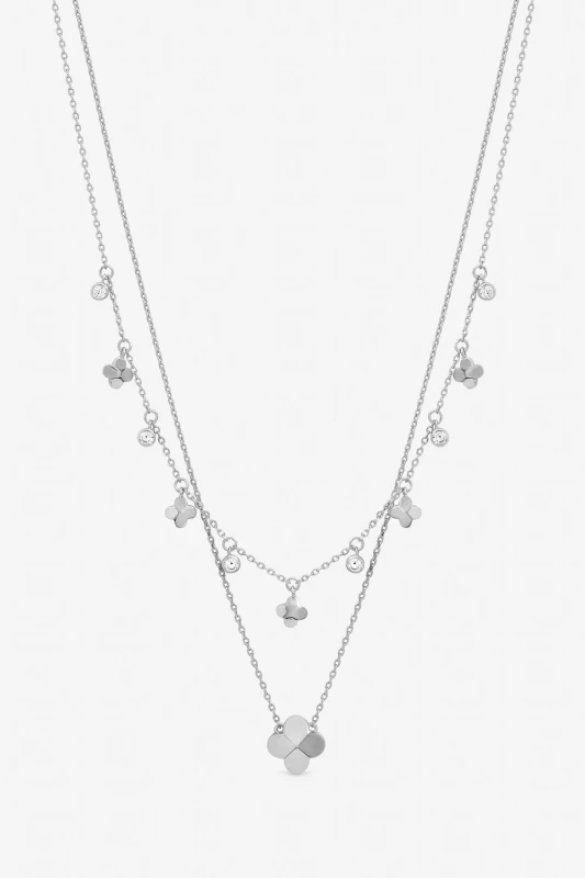 Image of Inicio Womens Sterling Silver Plated Double Row Bezel Clover Necklace - Gift Pouch Silver Female One Size