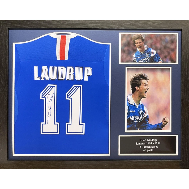 Image of AllStarSignings Ltd Brian Laudrup signed & framed Glasgow Rangers shir Navy Blue unisex One Size