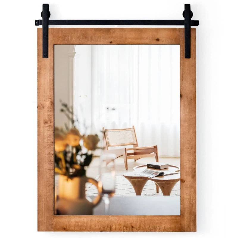 Image of COSTWAY Wall Mounted Mirror Rectangle Decorative Vanity Mirror Brown