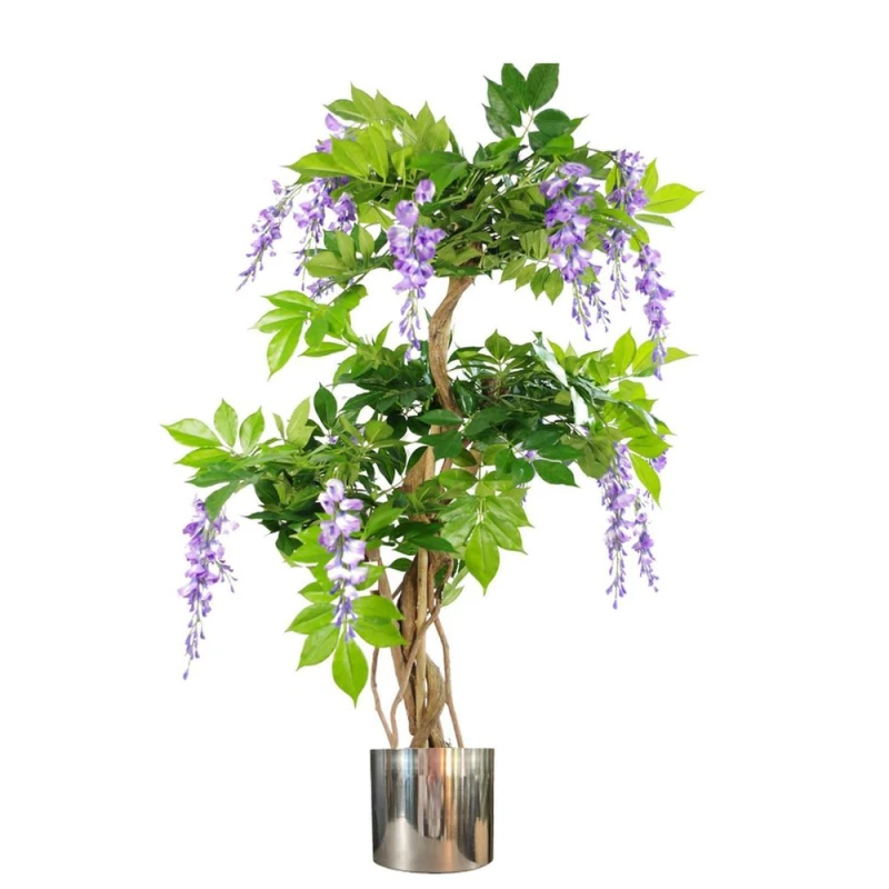 Image of Leaf Design 110cm Artificial Purple Wisteria Tree with Silver Metal Planter