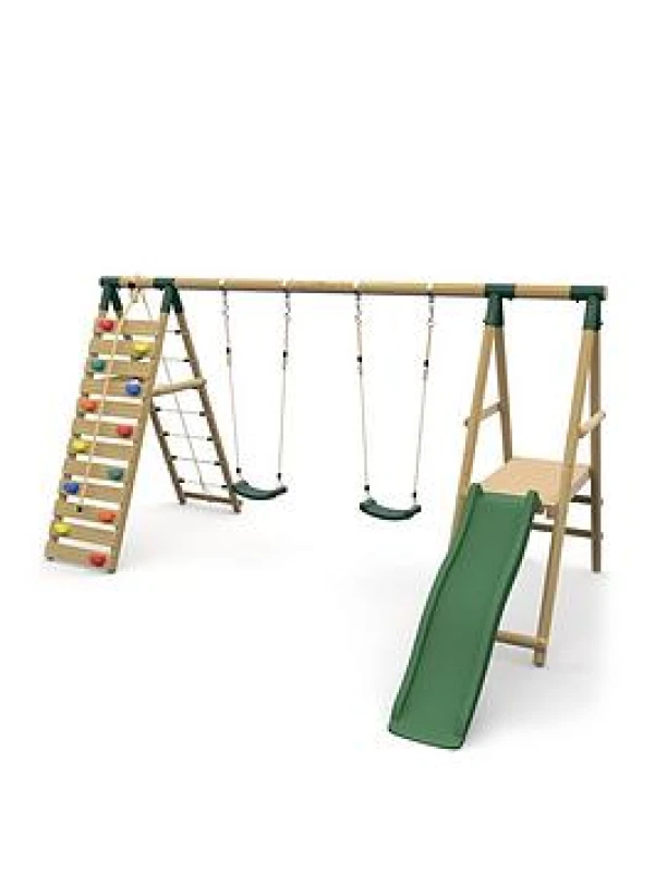 Image of Plum Woolly Monkey II Wooden Swing Set - Double Swing, Climbing Wall, Deck & Slide - Green, Brown 5014A0101