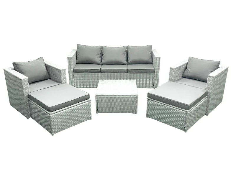 Image of Fimous 7 Seater Rattan Garden Furniture Set with 3 Seater Sofa 2 Chair Square Coffee Table 2 Big Footstools Light Grey Mixed Light Grey