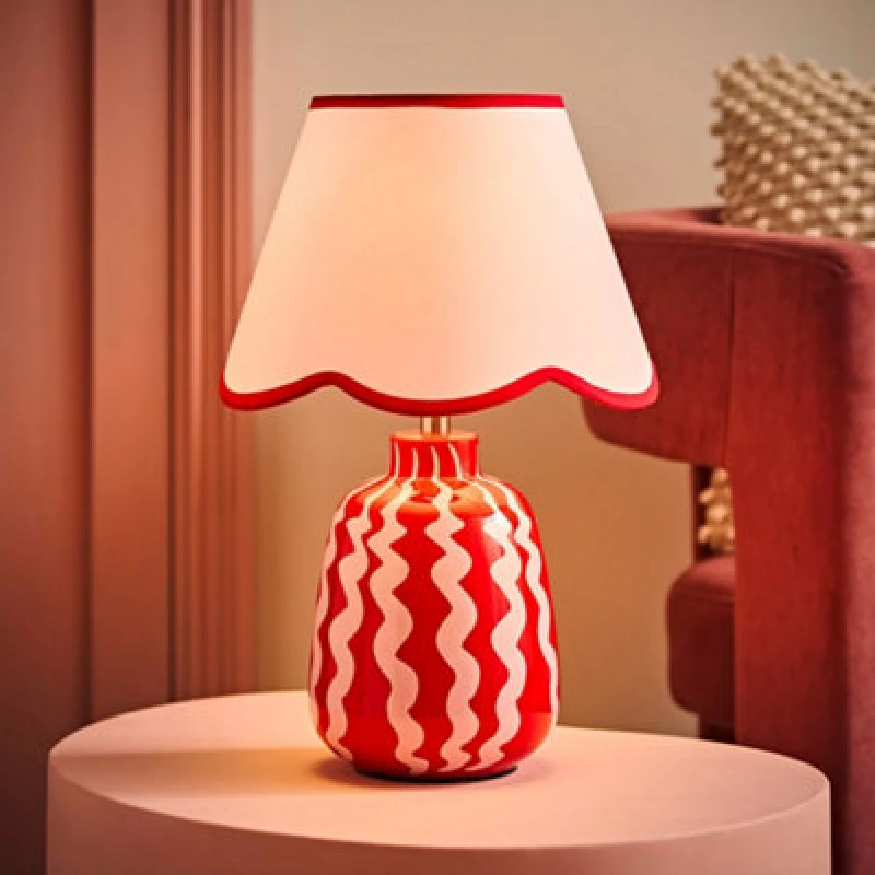 Image of ValueLights ValueLights Katy Red and Pink Wiggle Table Lamp with Scallop Trim Shade and Bulb Red One Size Unisex 5059406071072