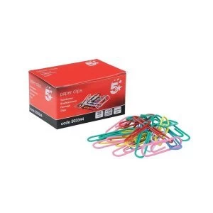 image of 5 Star Office Paperclips Metal Large Length 33mm Plain Assorted Colours Pack 10x100