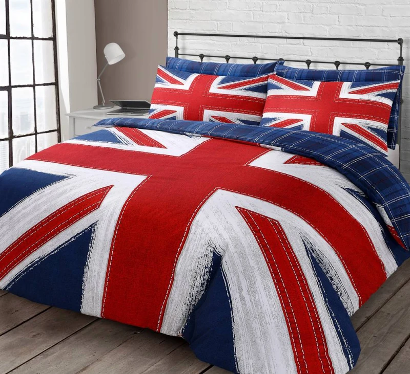 Image of Velosso Union Jack Reversible Cotton Rich Printed Duvet Cover & Pillowcase Set in Blue Size: Single Blue Unisex Single