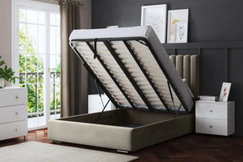 Image of DS LIVING Evangeline Cream Upholstered Panel Bed With Ottoman Metal Gas Lift Single AM_TUBESOB_SIN_CRE