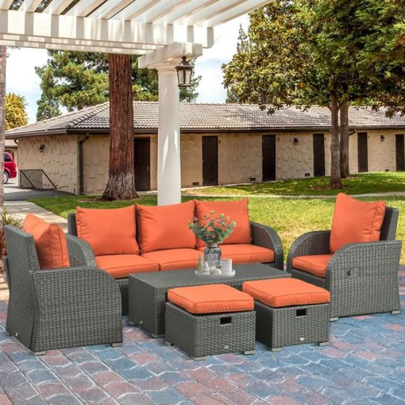 Image of Outsunny Outsunny 6pc Padded Outdoor Rattan Wicker 3-Seat Sofa Recliner Footstool Table Orange 5056725378981