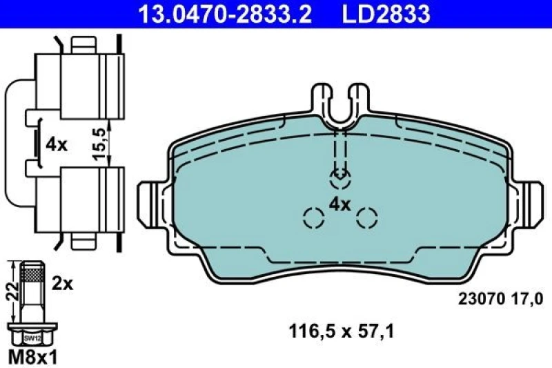 Image of ATE 13.0470-2833.2 Brake pad set excl. wear warning contact, with accessories, with brake caliper screws Brake Pad Set,disc brake (402)