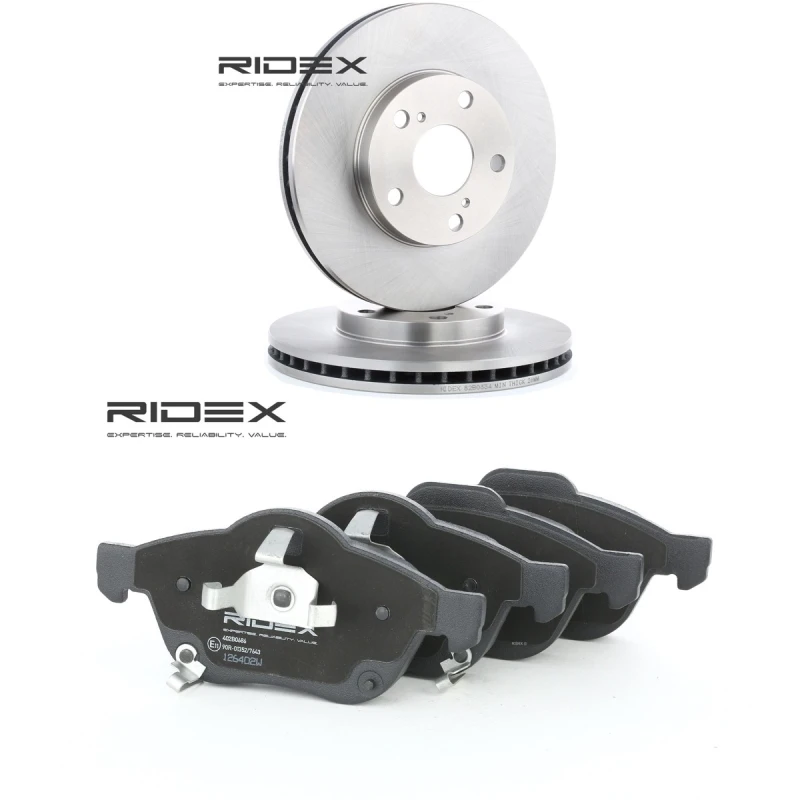 Image of RIDEX 3405B3056 Brake disc and pads set Front Axle, Brake Disc Type: internally vented, incl. wear warning contact Brake Set,disc brakes (3405)