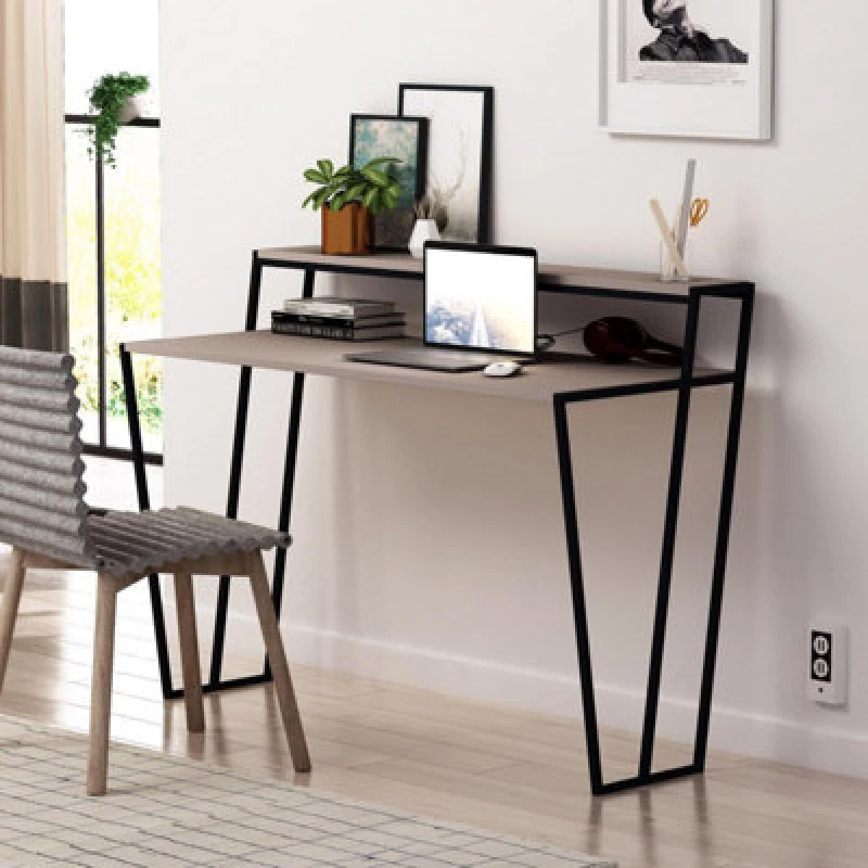 Image of FWStyle Home Office Modern Student Study Desk Mocha Grey Black Metal Frame Grey