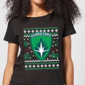 Image of Guardians Of The Galaxy Badge Pattern Christmas Womens Christmas T-Shirt - Black