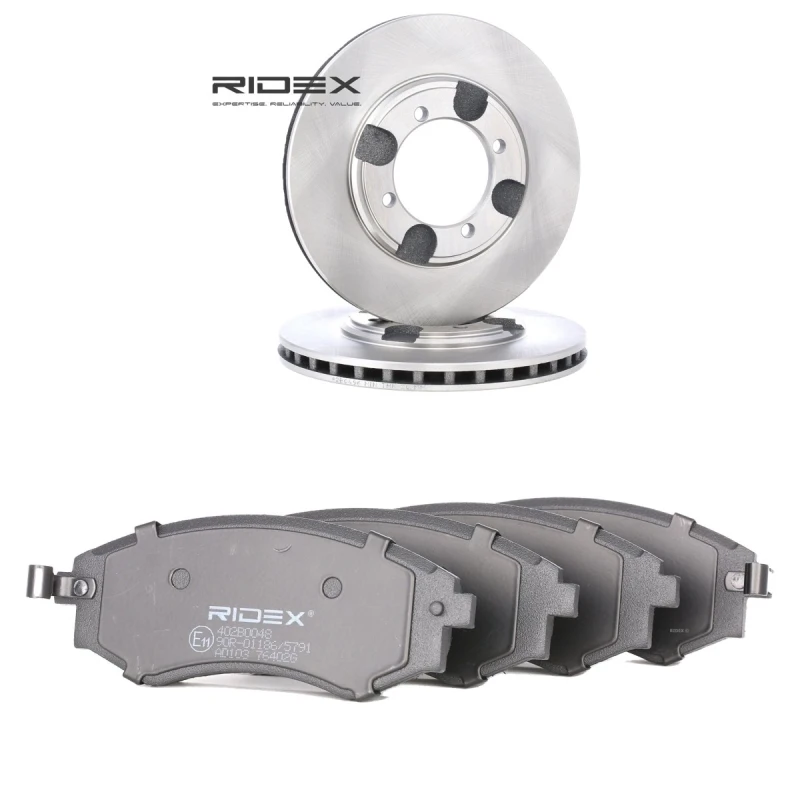 Image of RIDEX 3405B2524 Brake disc and pads set Front Axle, Brake Disc Type: Vented, with acoustic wear warning Brake Set,disc brakes (3405)