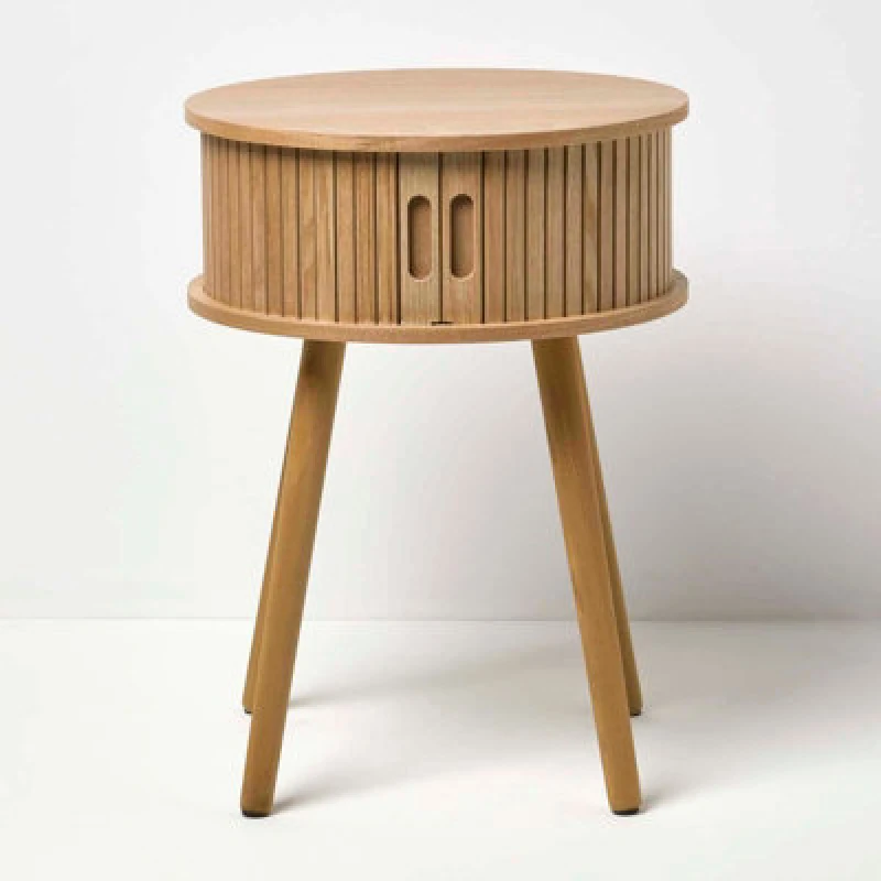 Image of Homescapes Modern Side Table, Round Cabinet with Sliding Tambour Doors, 45cm Natural
