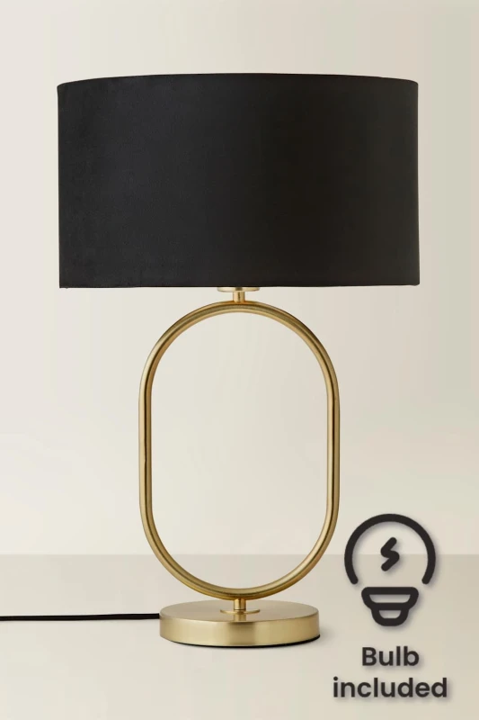 Image of ValueLights Antonia Black Velvet Drum Lamp Shade Brushed Gold Oval Table Lamp with LED Bulb Gold Unisex