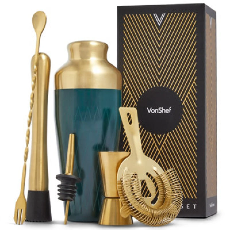 Image of Vonshef Cocktail Shaker Set Green/gold, 550Ml Parisian Shaker, 6Pc Home Bar & Bartender Set - Strainer, Muddler, Jigger & Gift Box