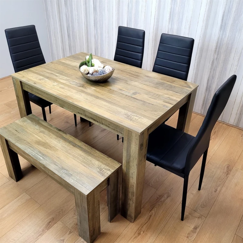 Image of KOSY KOALA KOSY KOALA Wooden Dining Table Set for 6 Rustic Effect Table With 4 Black Leather Chairs and 1 Bench in Brown Size: 140cm x 80cm Brown 14